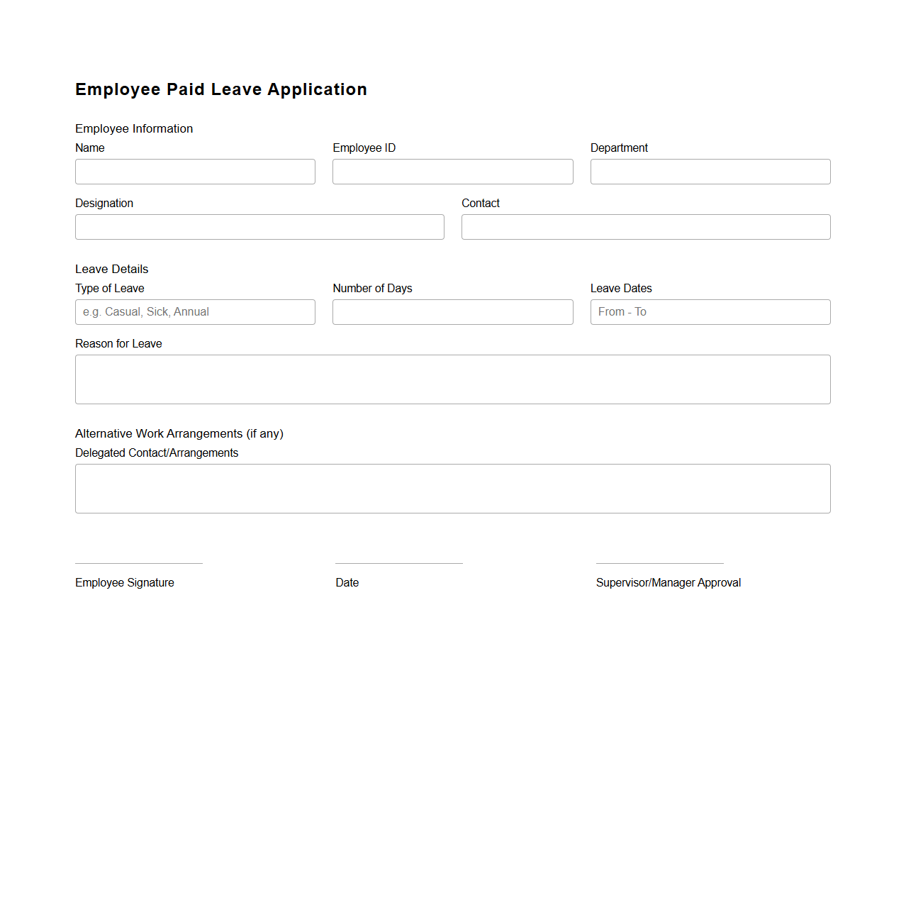 Employee Paid Leave Application Blank Document