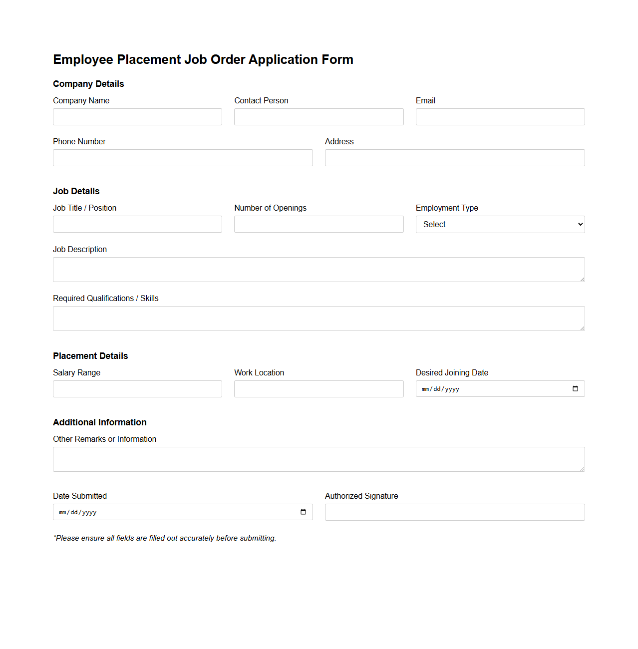 Employee Placement Job Order Application Form
