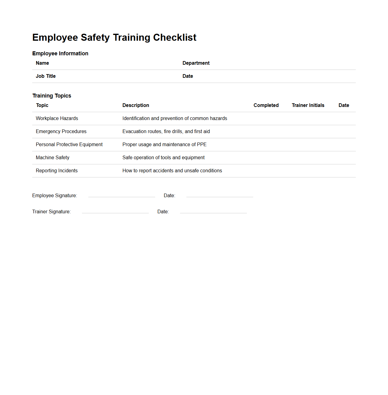 Employee Safety Training Checklist Template