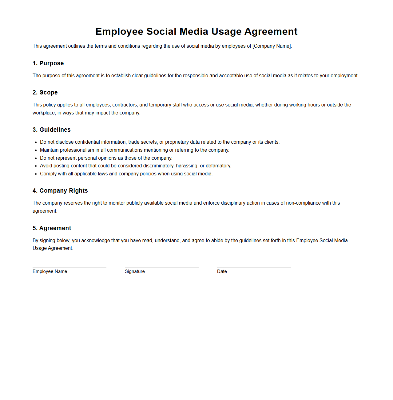 Employee Social Media Usage Agreement Format