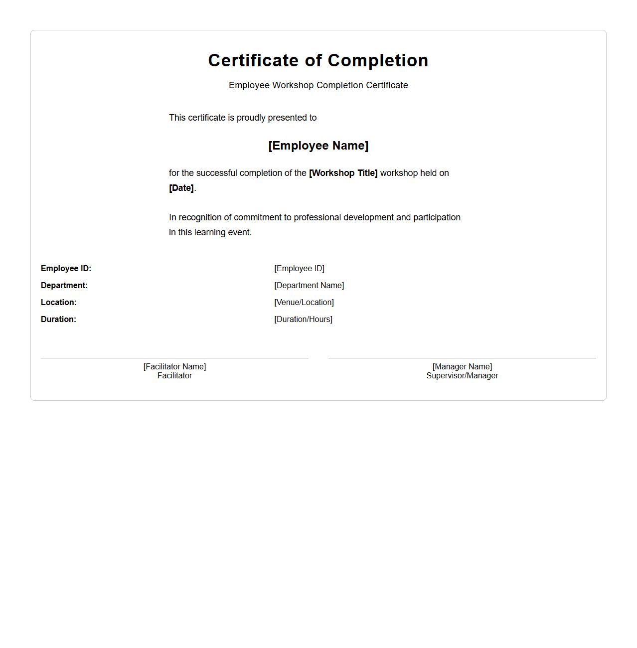 Employee Workshop Completion Certificate Template