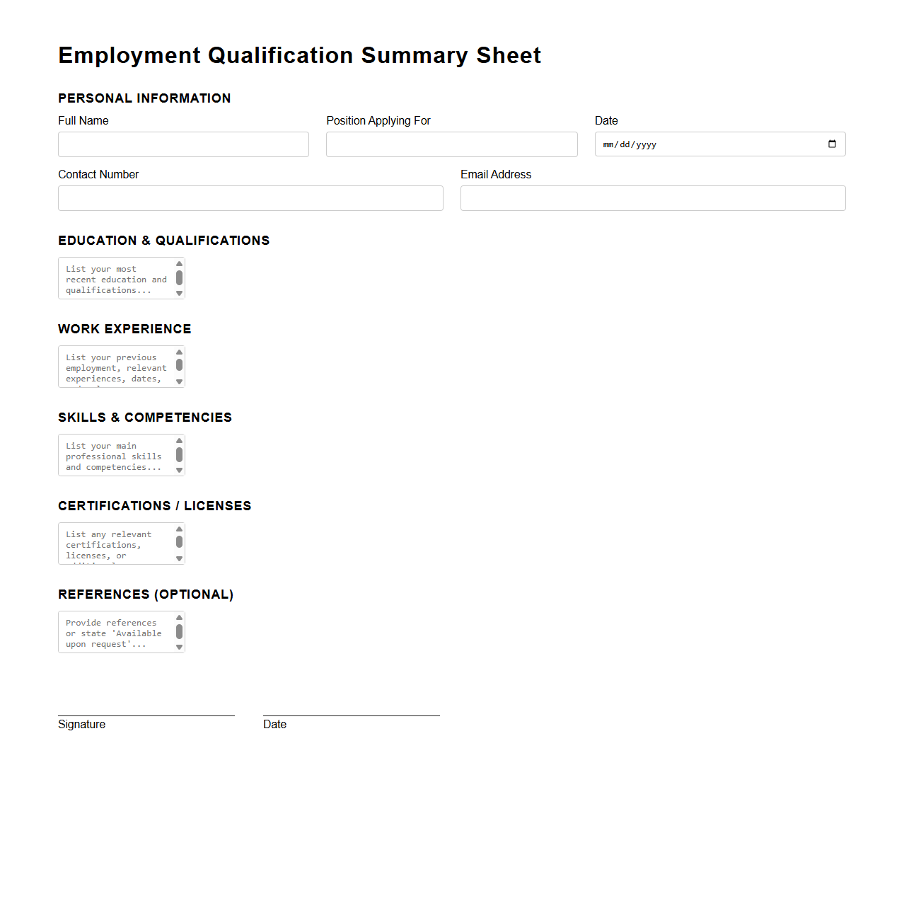 Employment Qualification Summary Sheet
