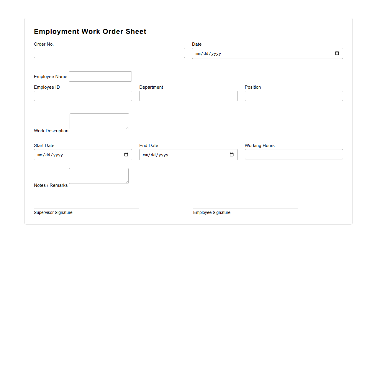 Employment Work Order Sheet