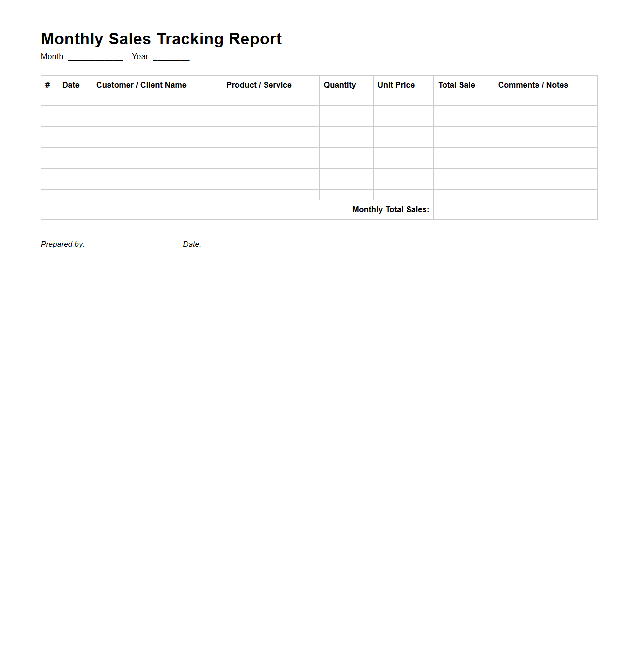 Empty Monthly Sales Tracking Report Format