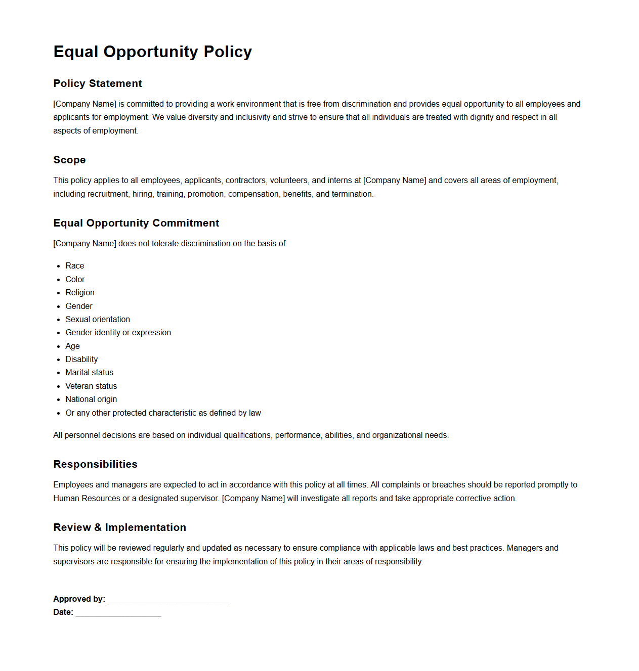Equal Opportunity Policy Sample Document