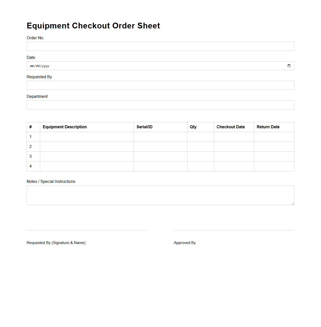 Equipment Checkout Order Sheet