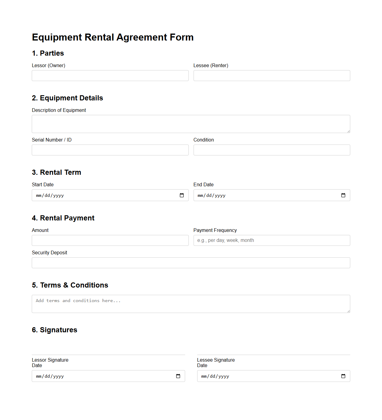 Equipment Rental Agreement Form Template