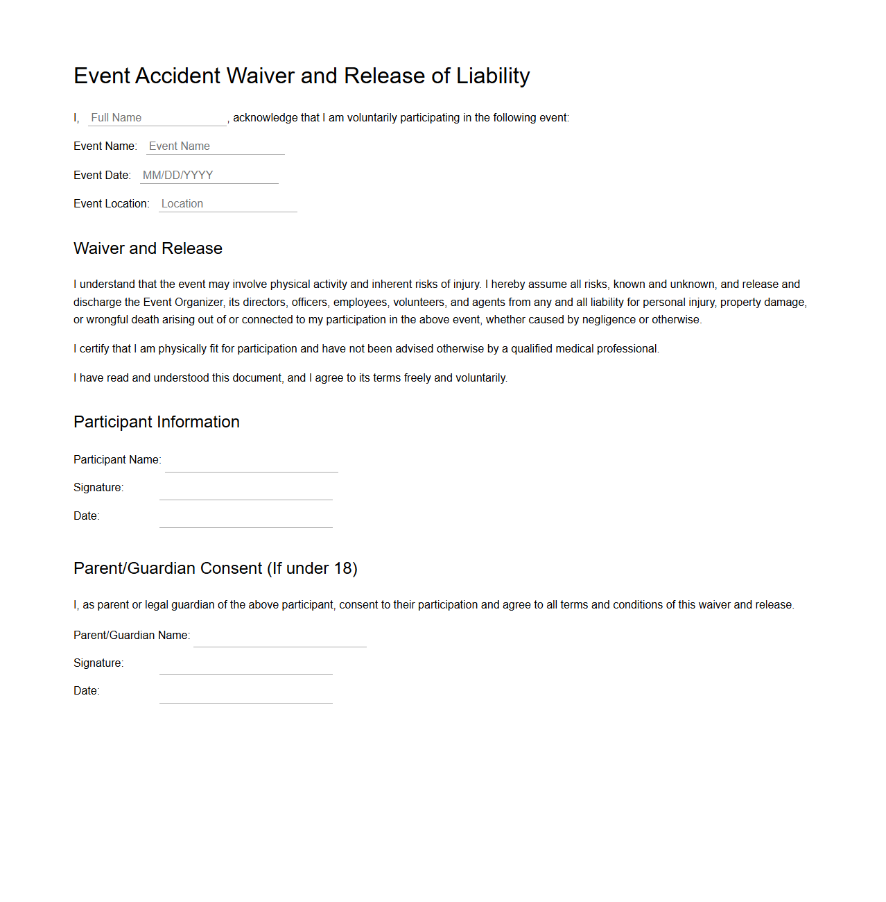 Event Accident Waiver and Release Template