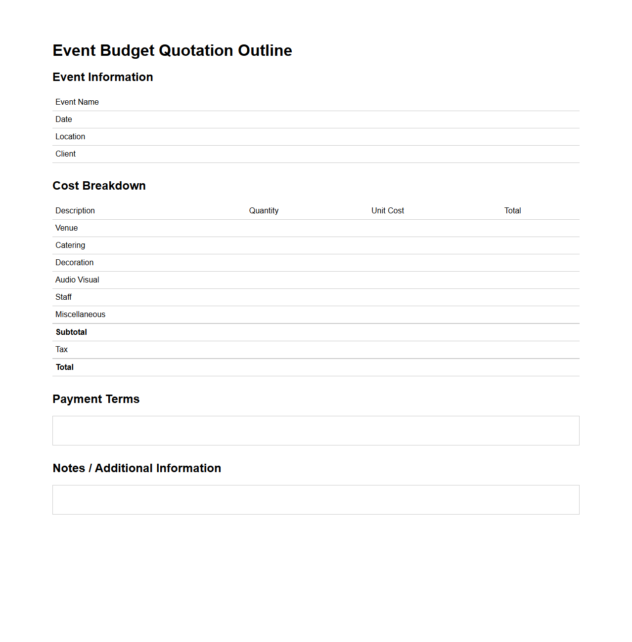 Event Budget Quotation Outline