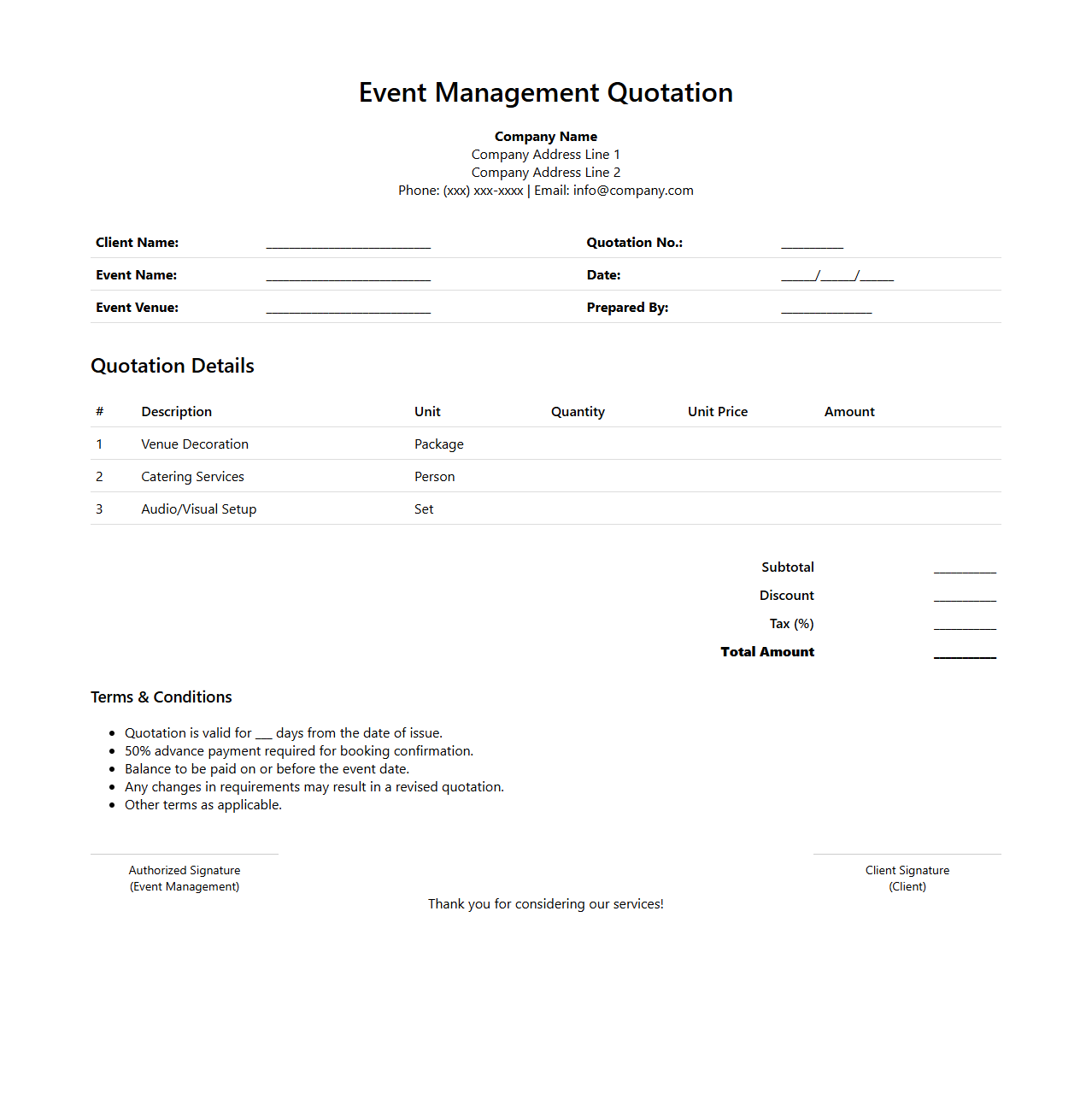 Event Management Quotation Format