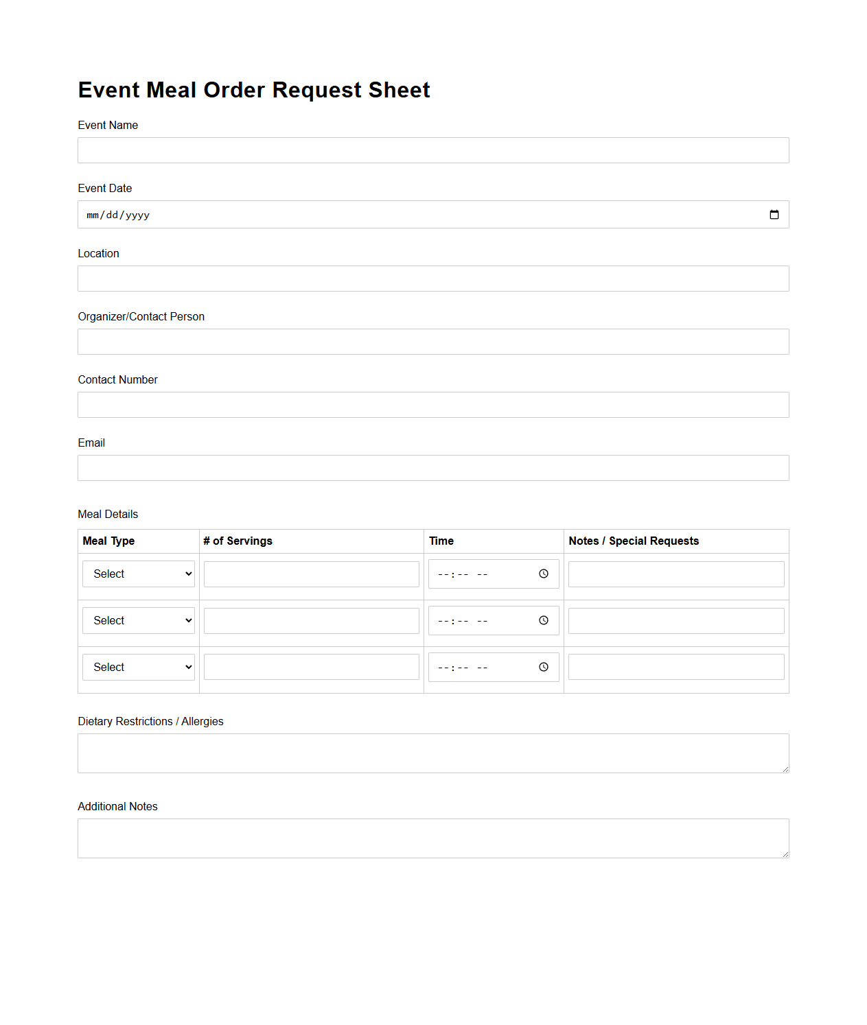 Event Meal Order Request Sheet
