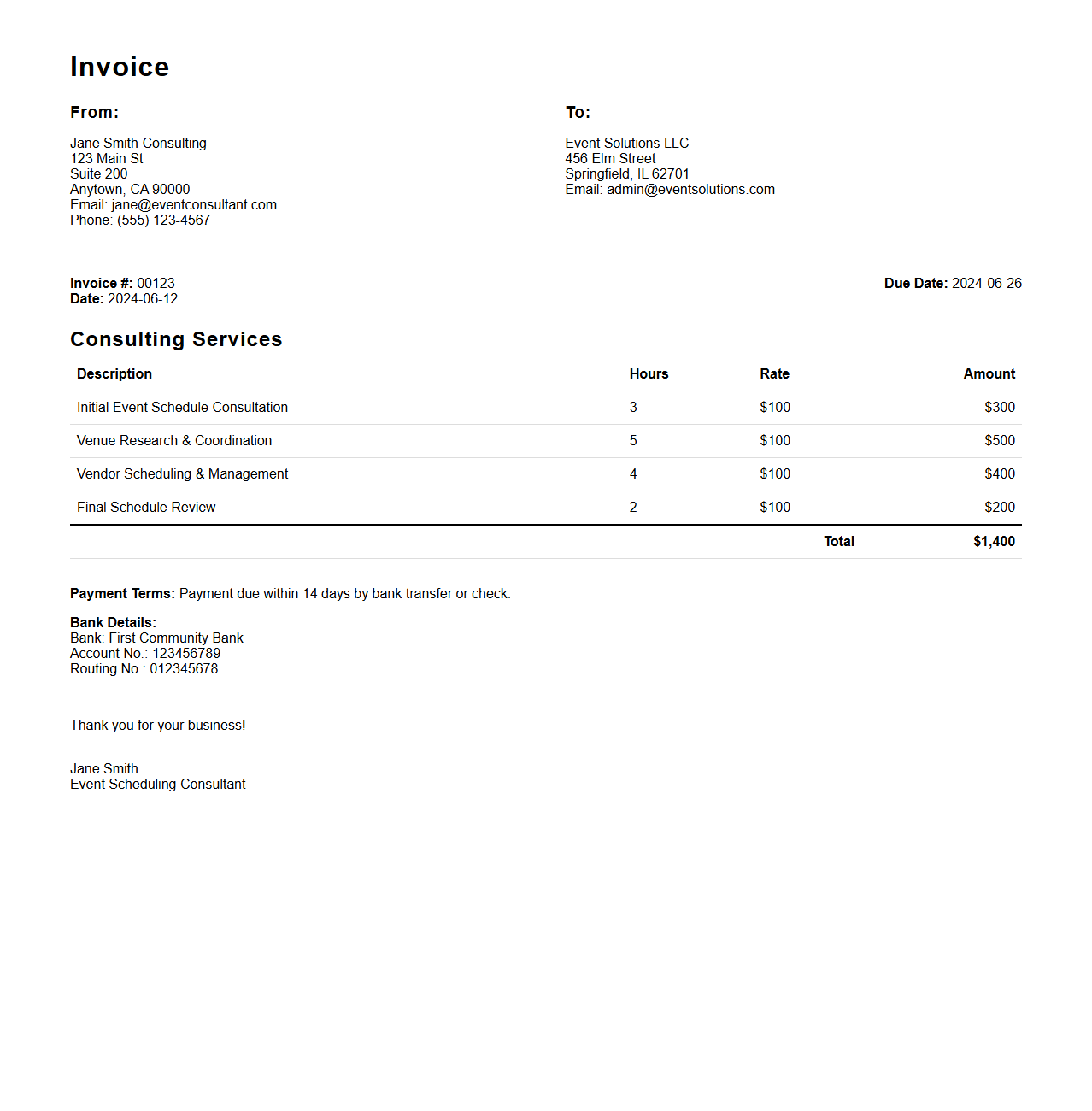 Event Scheduling Consultant Invoice Sample