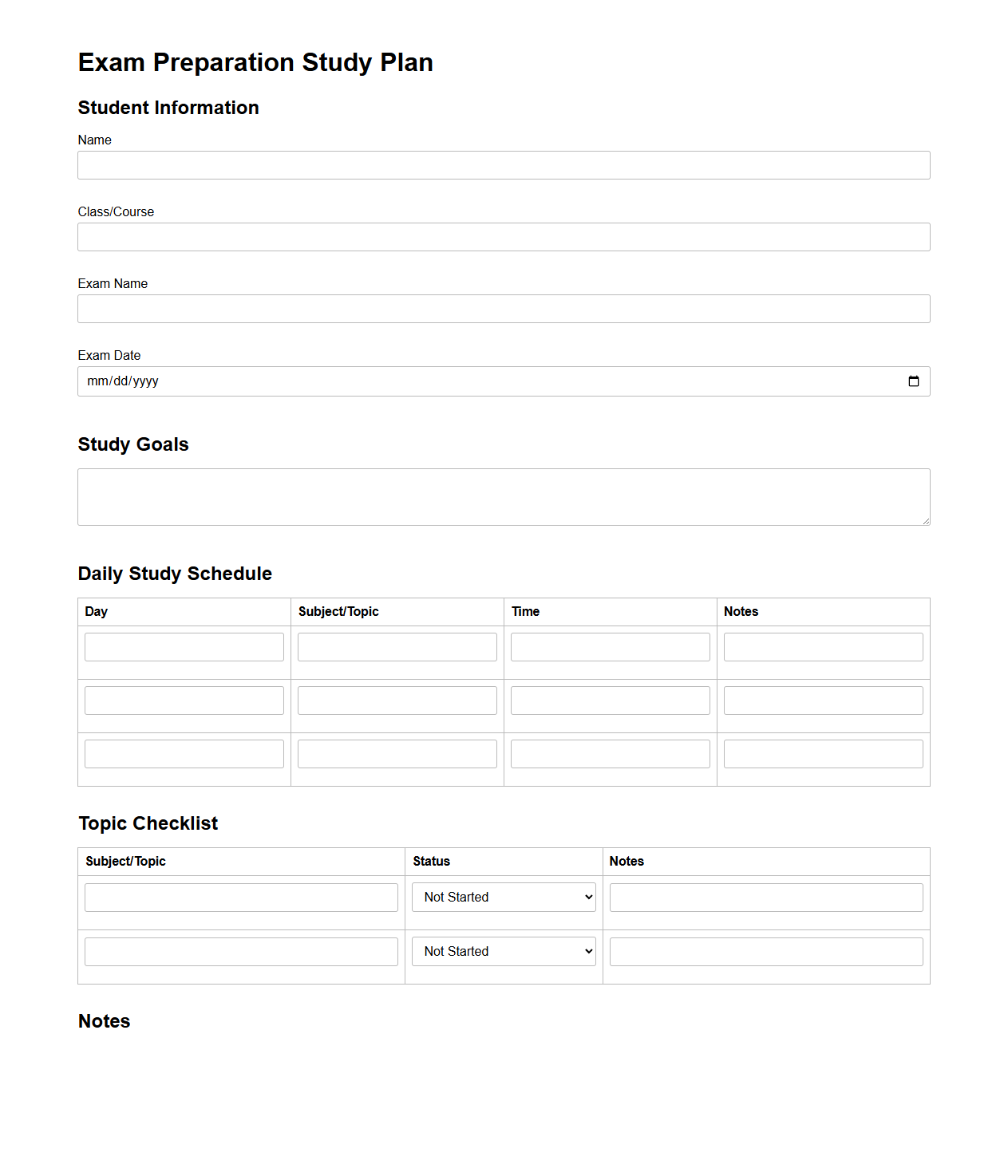 Exam Preparation Study Plan Template for Students