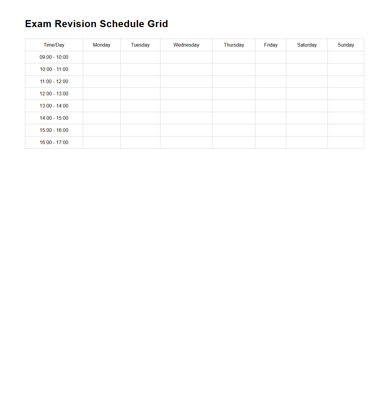 Exam Revision Schedule Grid