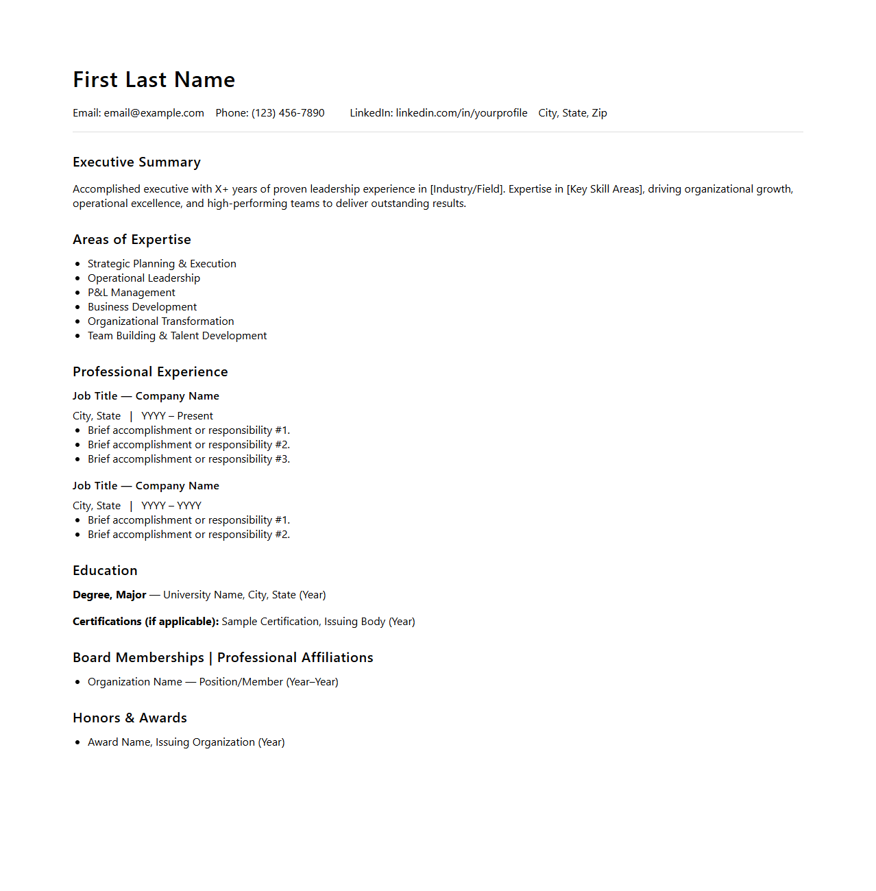 Executive Career Resume Outline