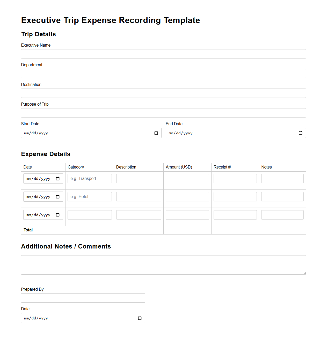 Executive Trip Expense Recording Template