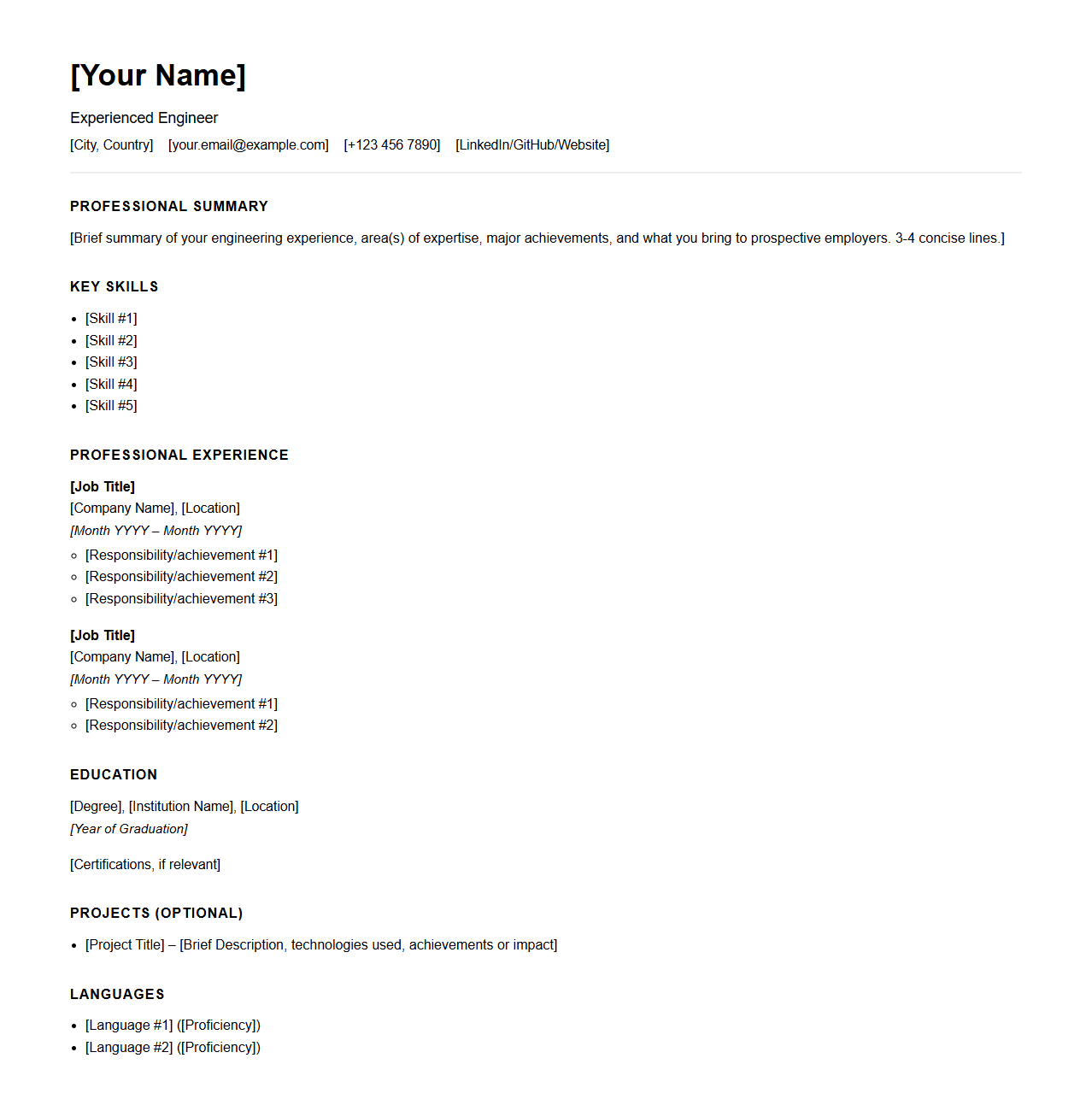 Experienced Engineer CV Blueprint