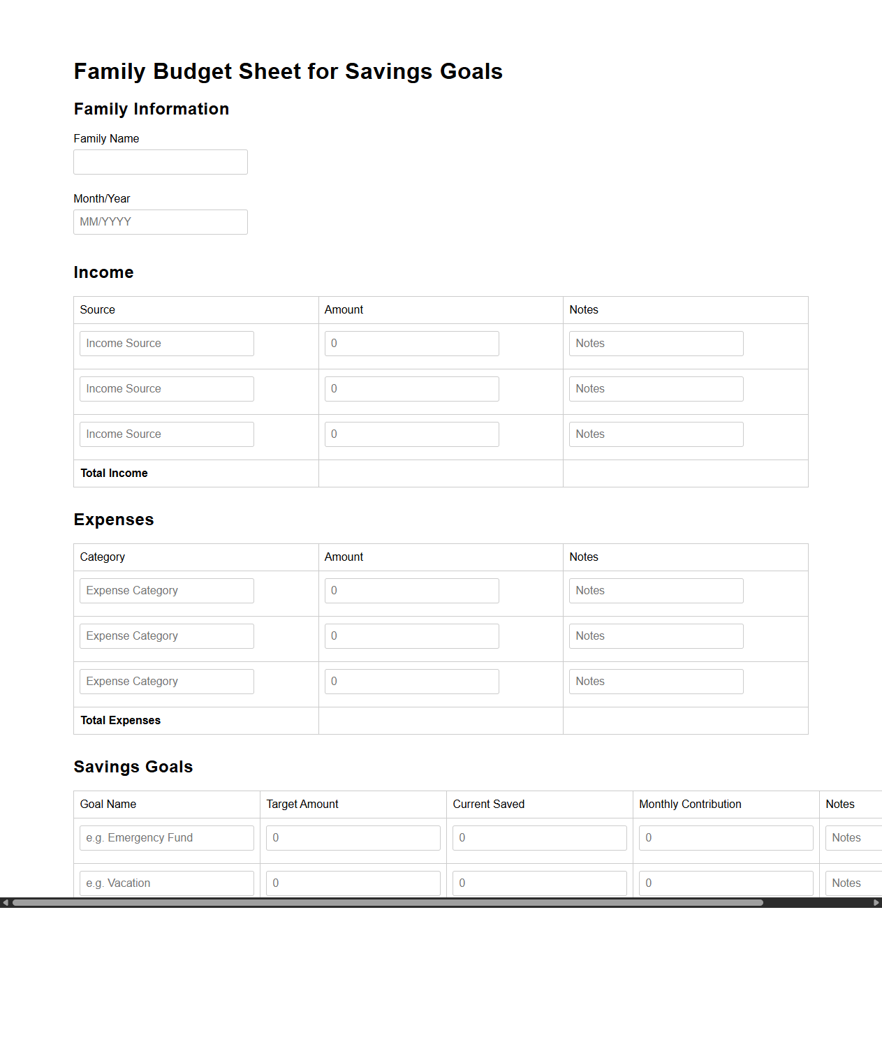 Family Budget Sheet for Savings Goals