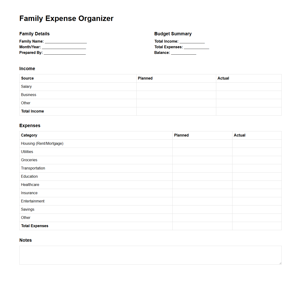 Family Expense Organizer Template