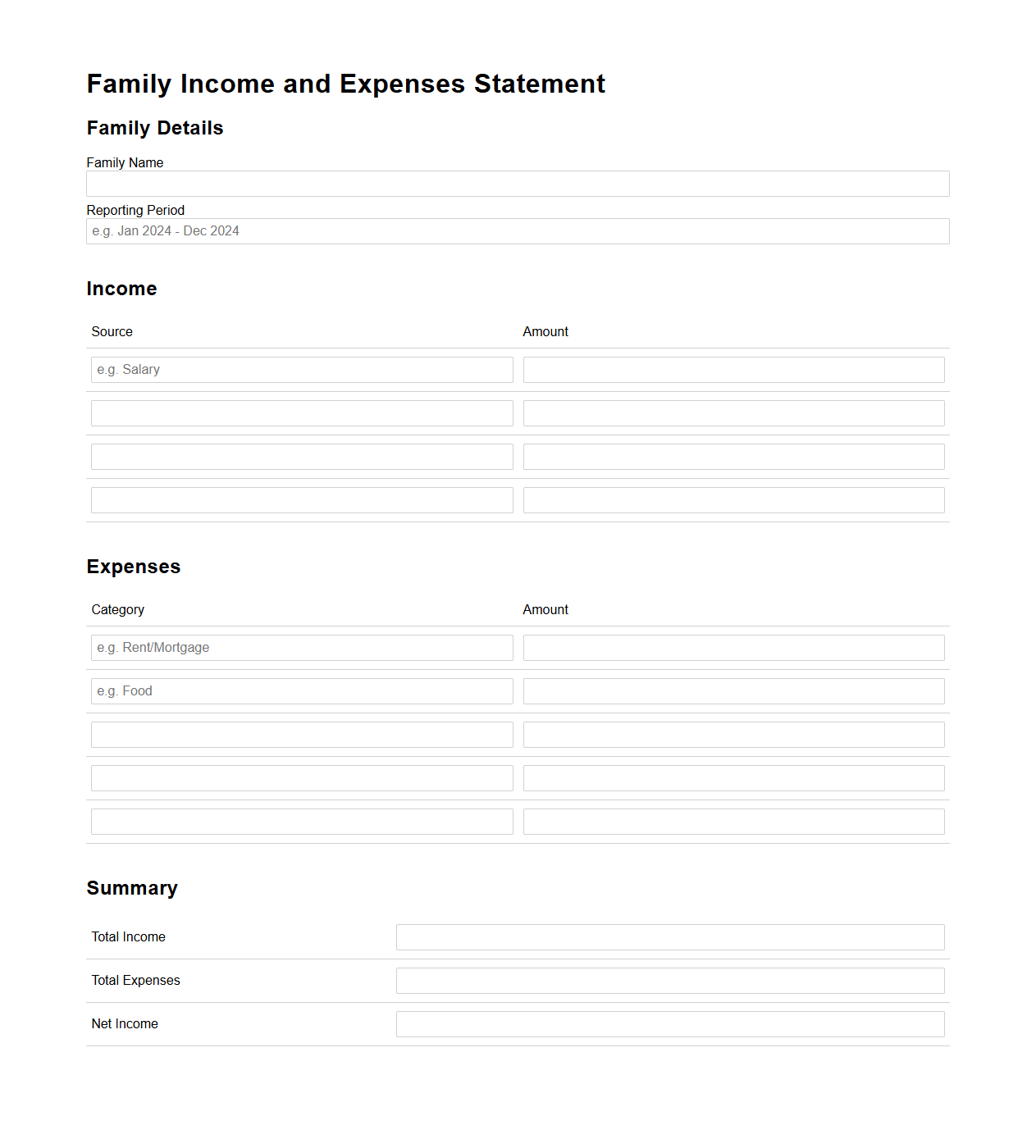 Family Income and Expenses Statement