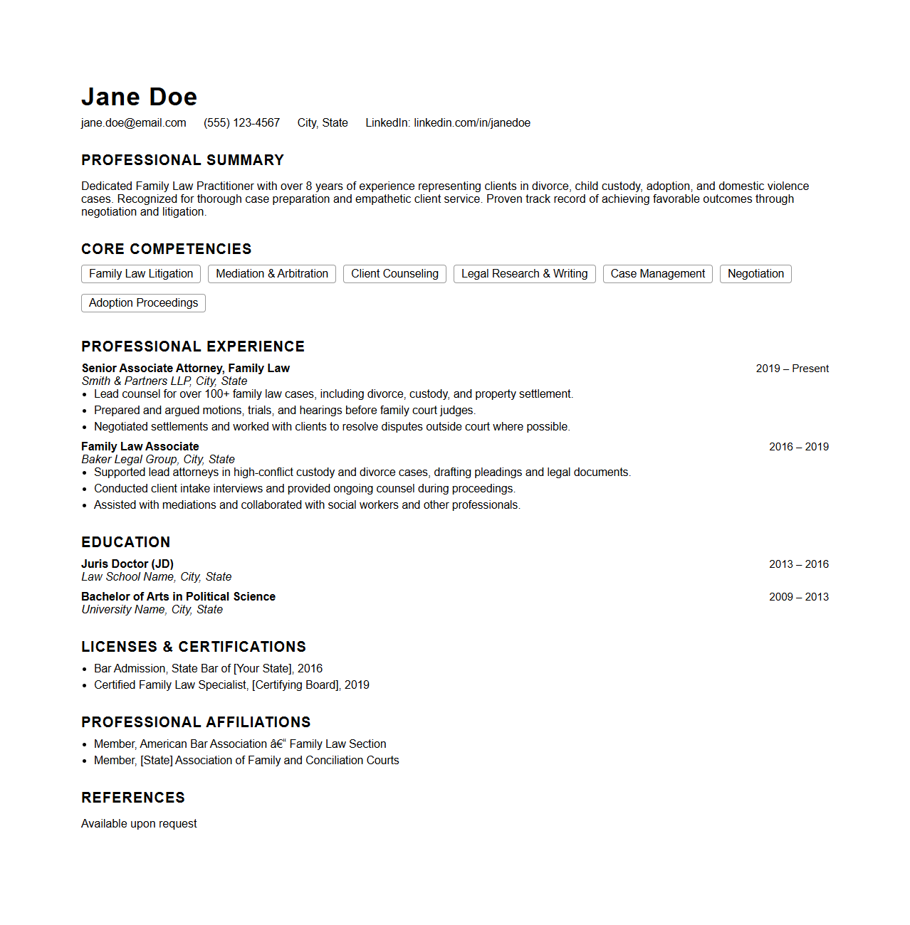 Family Law Practitioner Resume Template for Legal Professionals