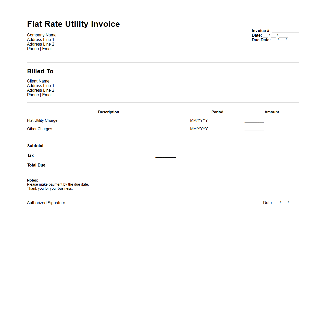 Flat Rate Utility Invoice Template for Billing Management