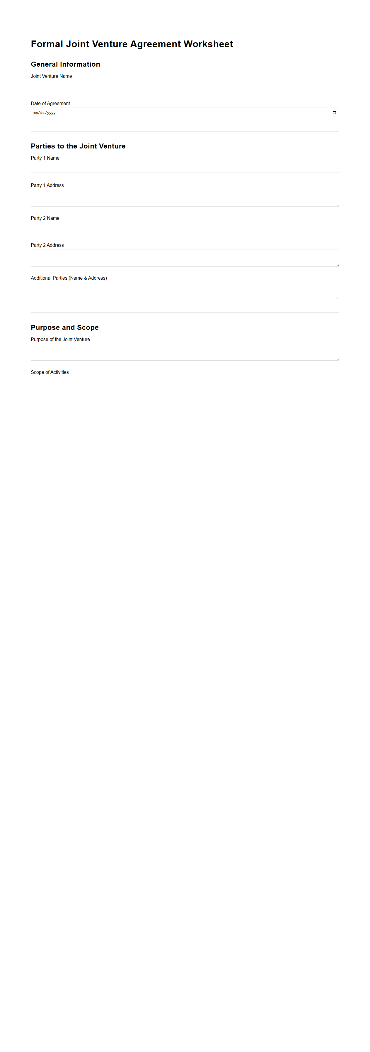 Formal Joint Venture Agreement Worksheet for Enterprises