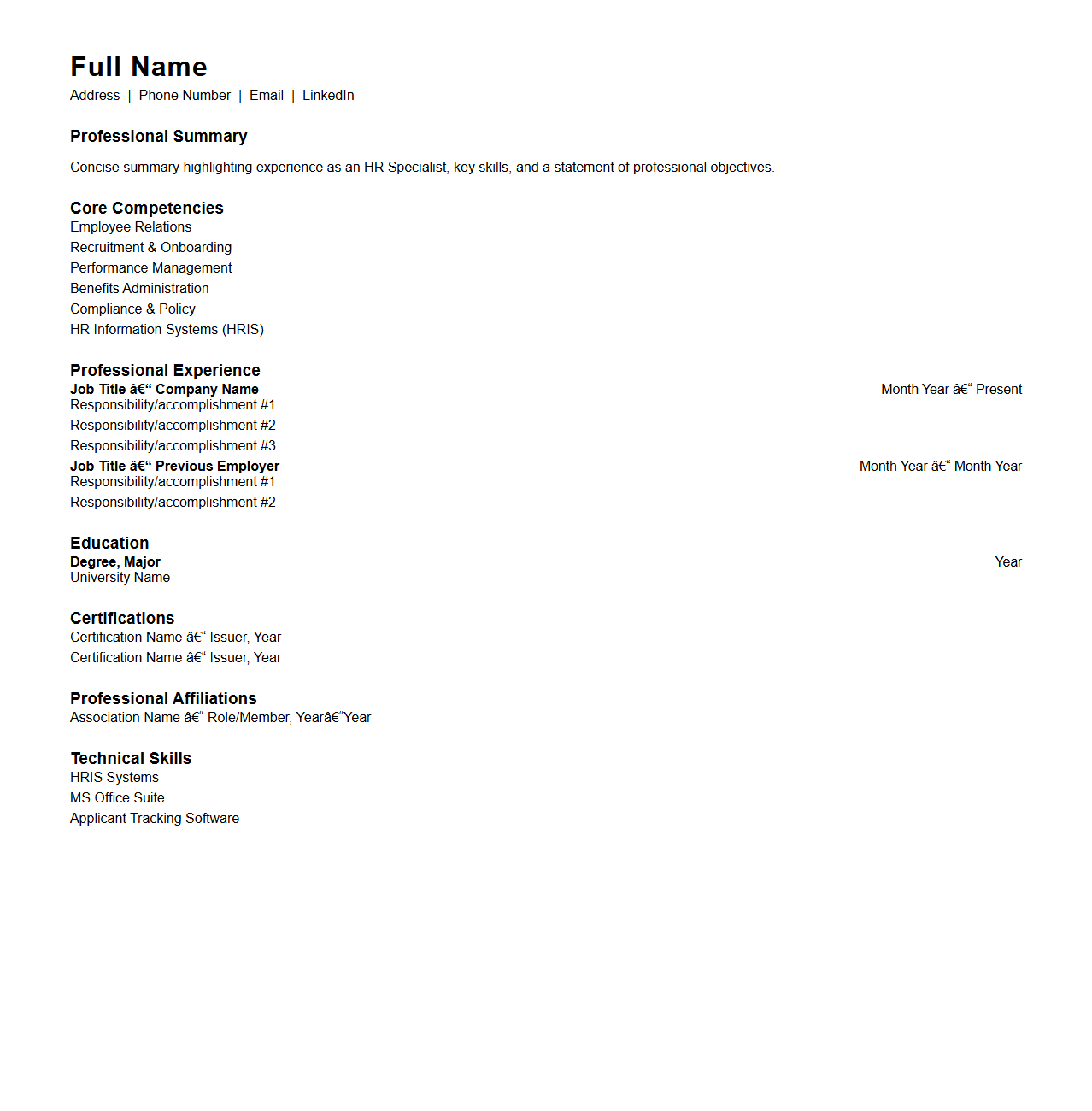 Formal Resume Outline for HR Specialists