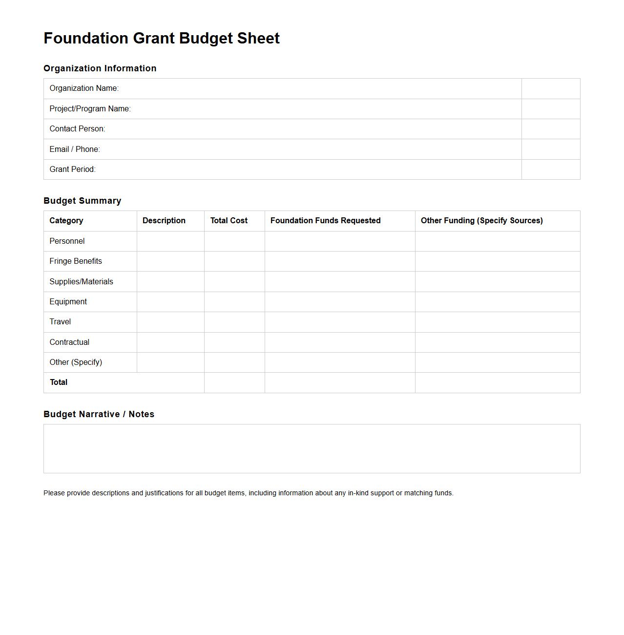 Foundation Grant Budget Sheet for Nonprofits