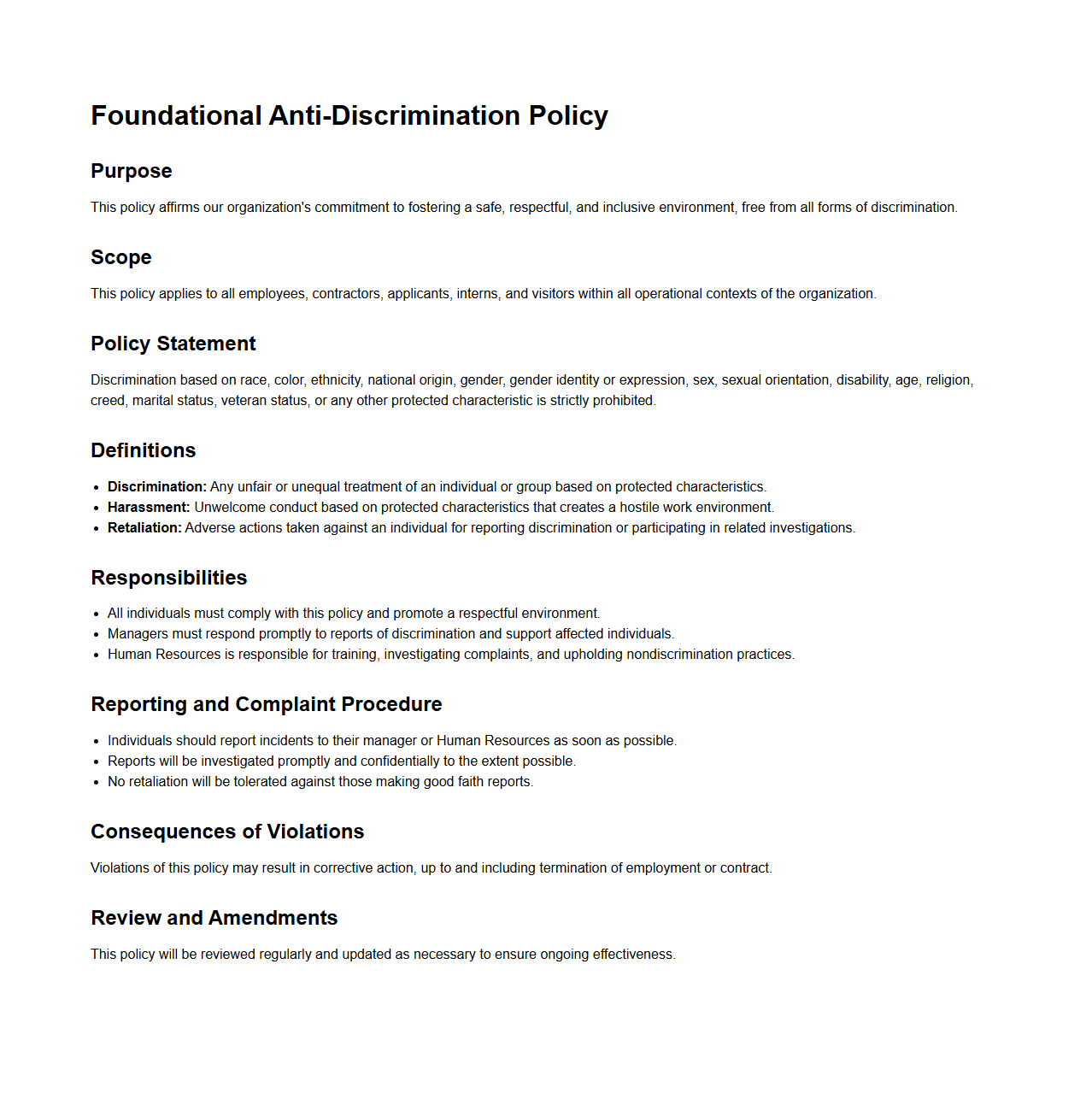 Foundational Anti-Discrimination Policy Structure Sample