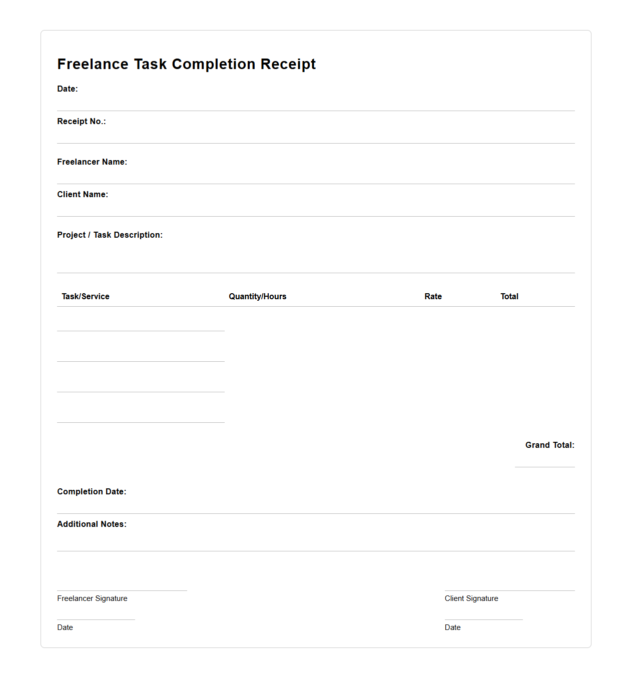 Freelance Task Completion Receipt Template