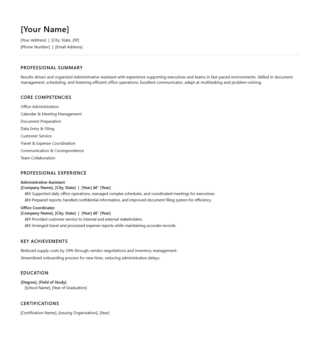 Functional Administrative Assistant CV Template
