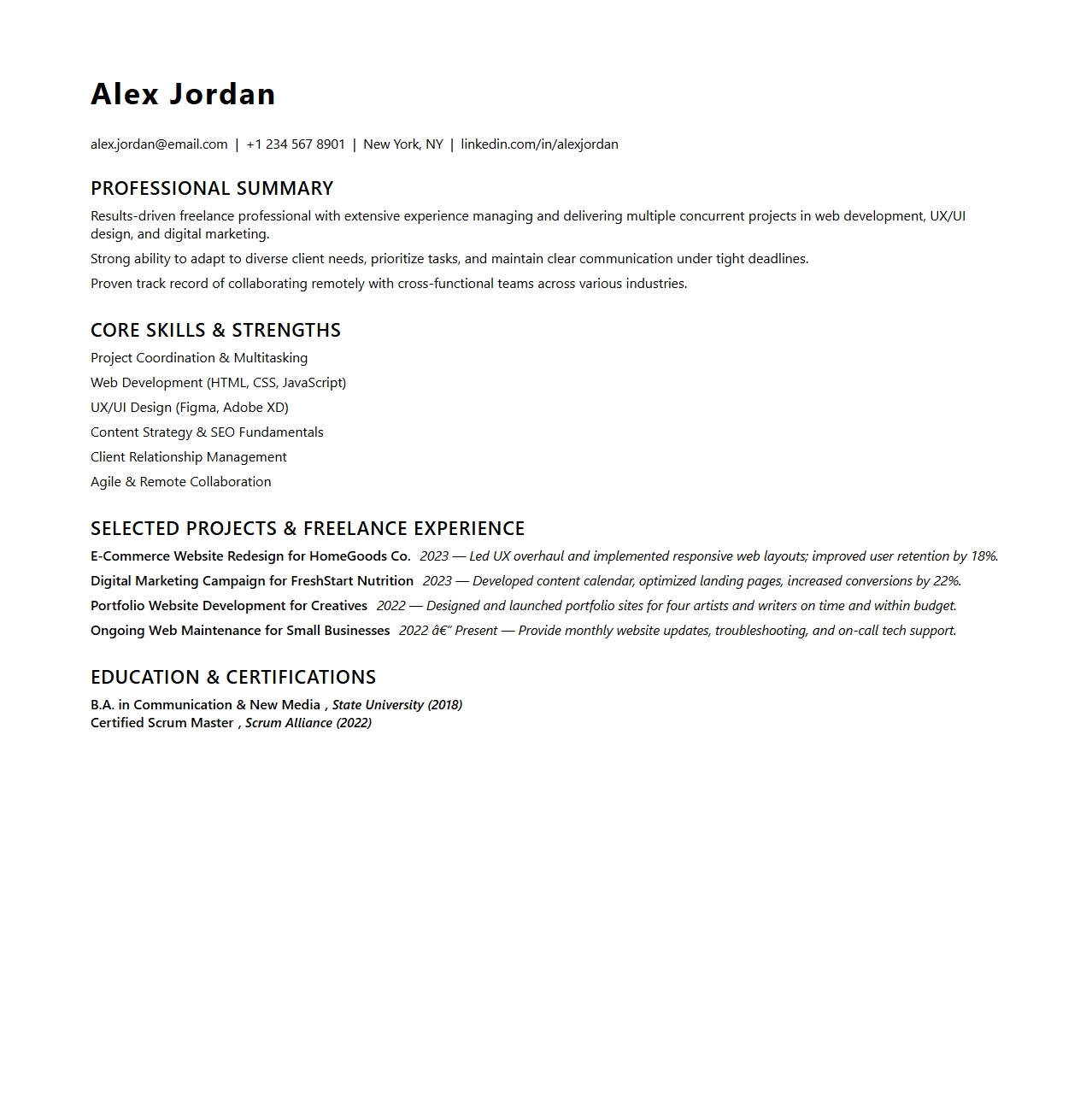 Functional Freelance Resume Template for Multi-Project Background