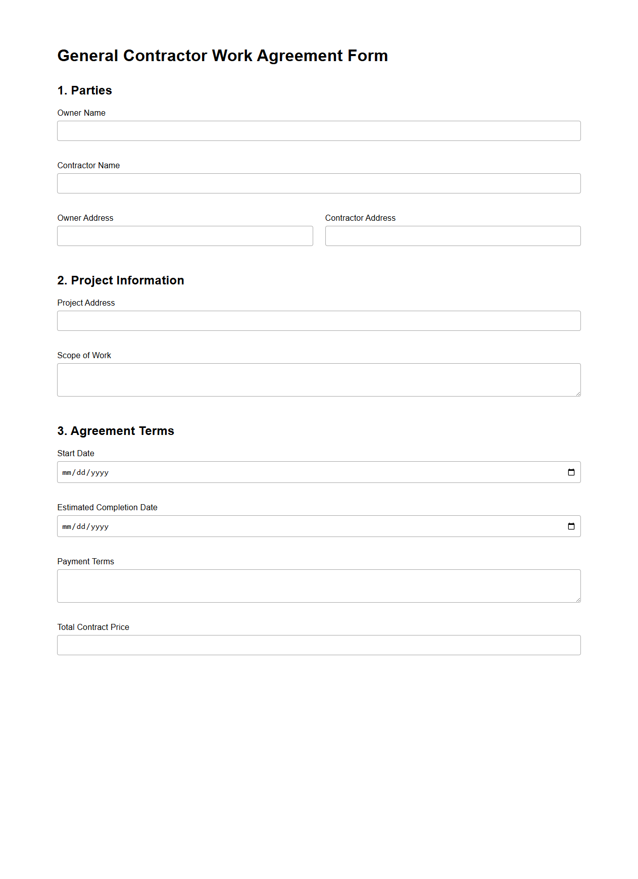 General Contractor Work Agreement Form