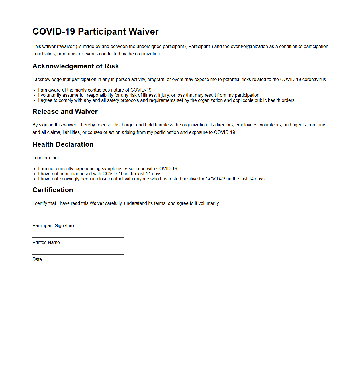 General COVID-19 Participant Waiver Template