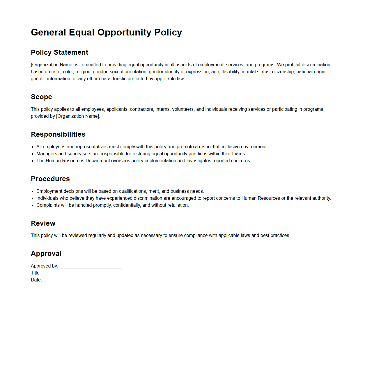 General Equal Opportunity Policy Format