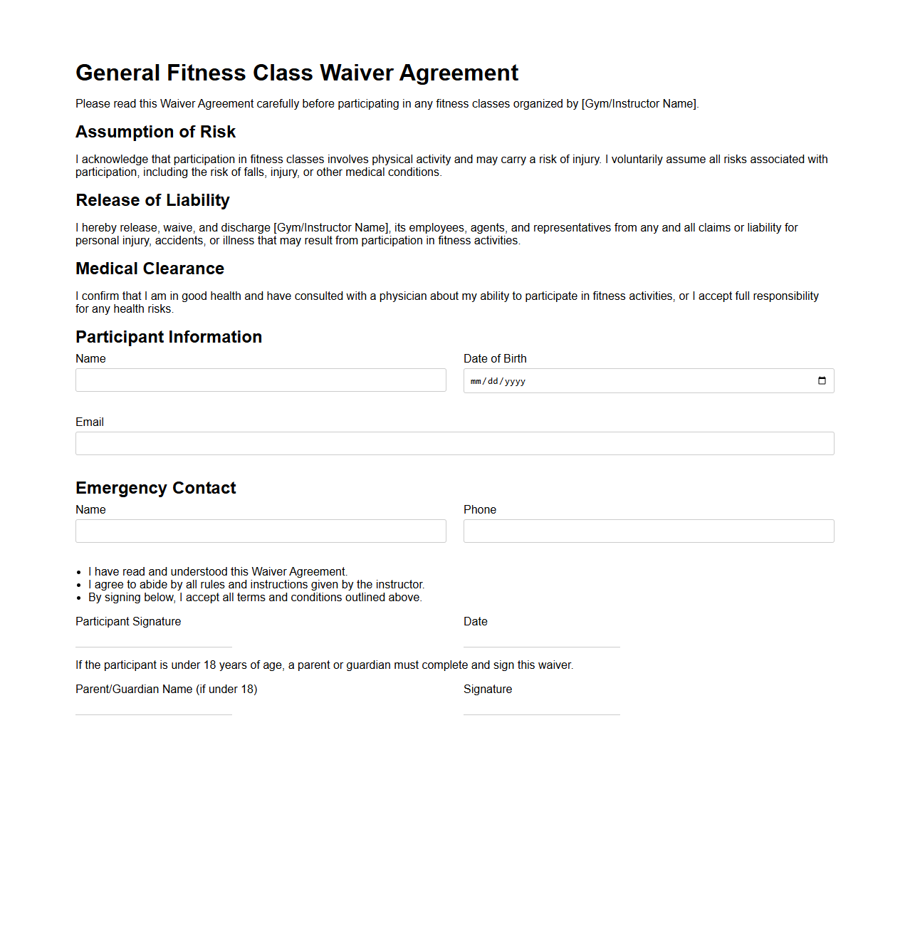General Fitness Class Waiver Agreement