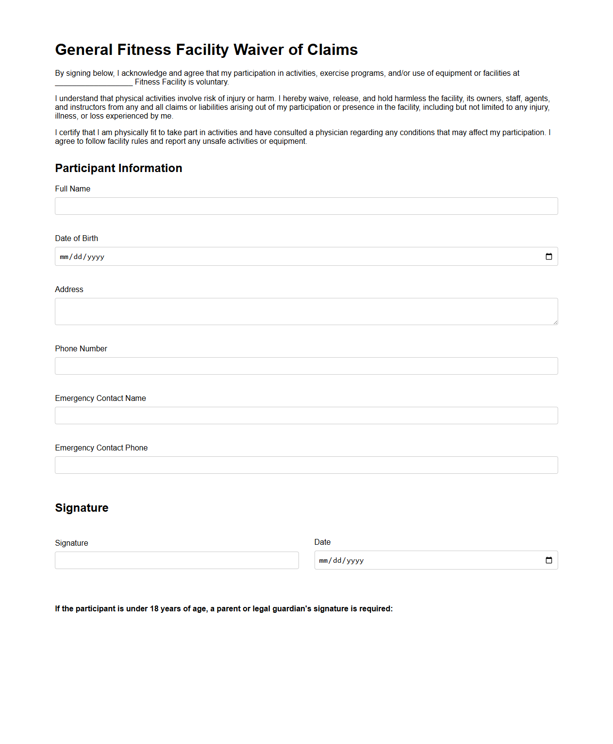 General Fitness Facility Waiver of Claims Template