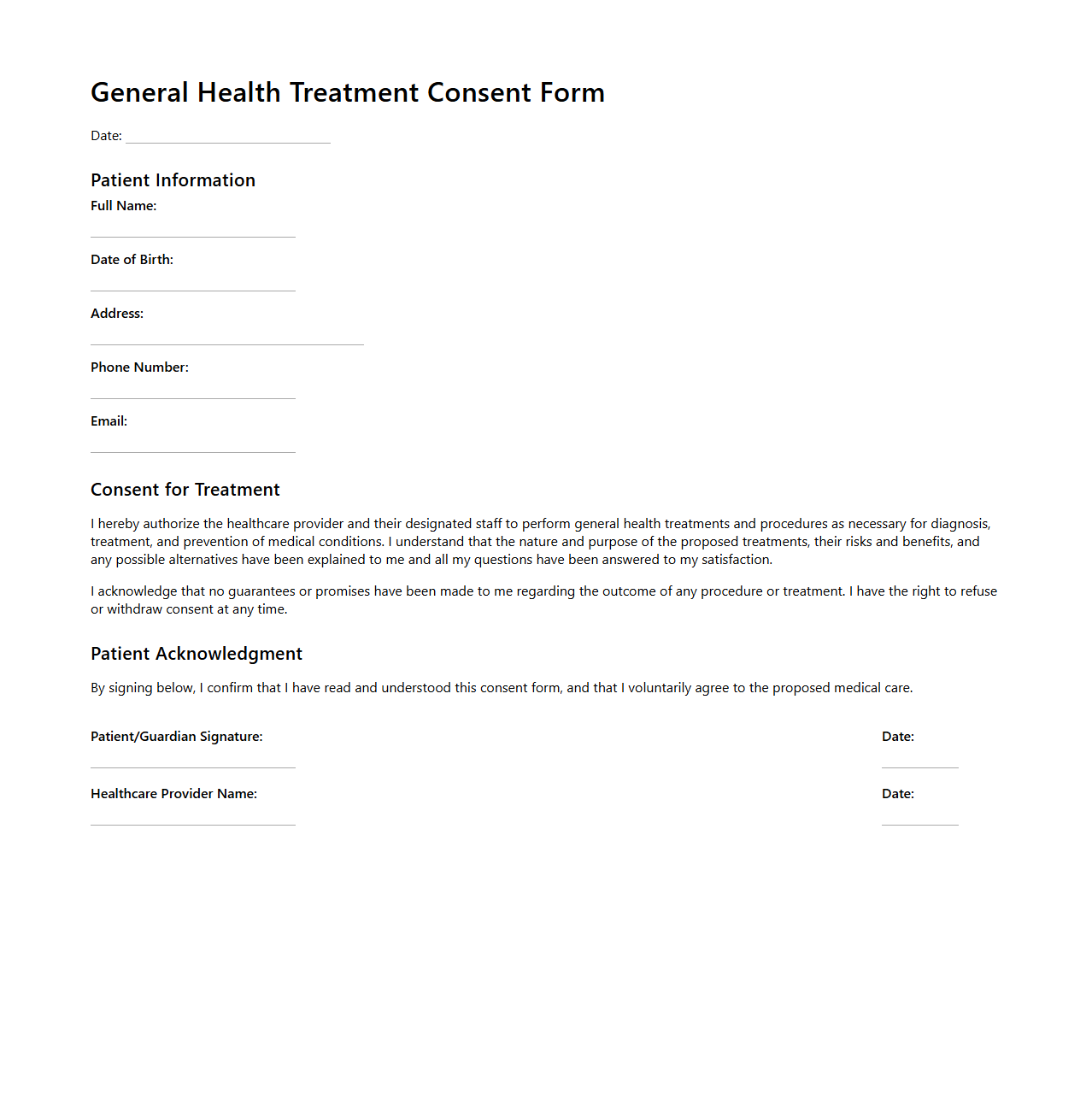 General Health Treatment Consent Form Template
