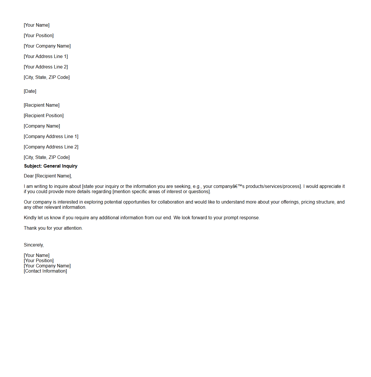 General Inquiry Letter Style for Company Queries