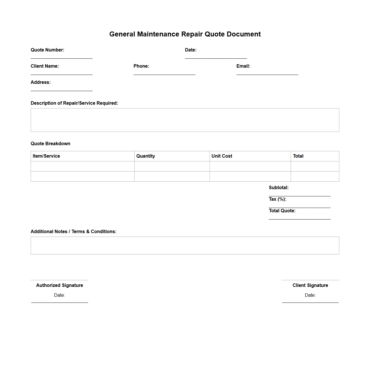 General Maintenance Repair Quote Document