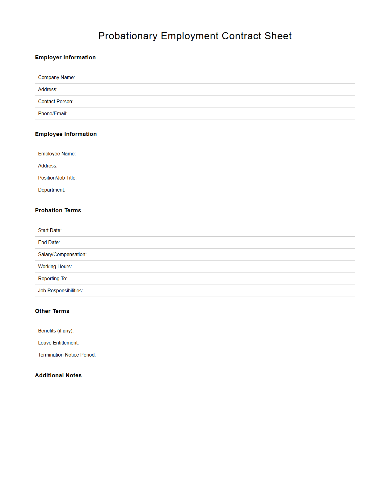 General Probationary Period Employment Contract Sheet