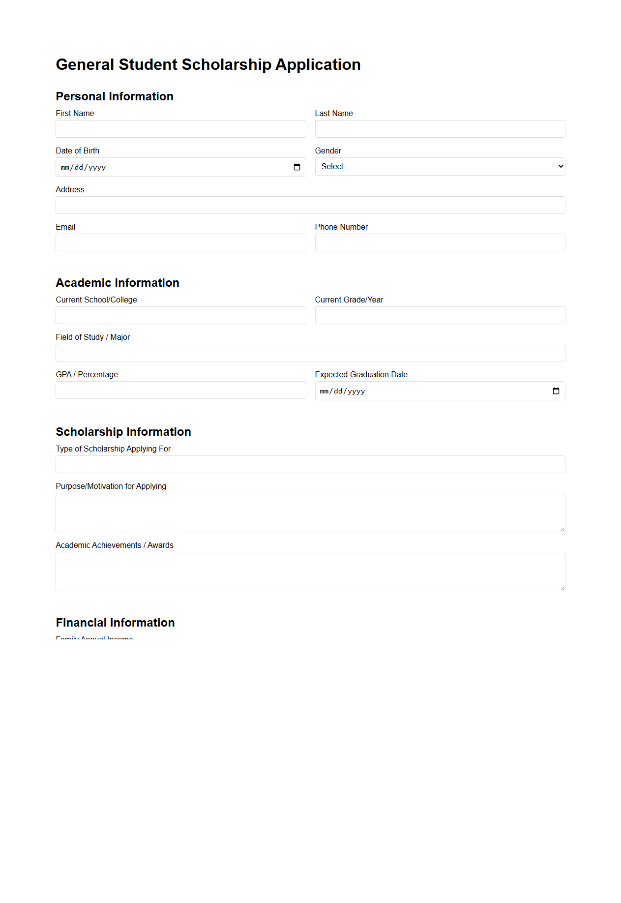 General Student Scholarship Application Format