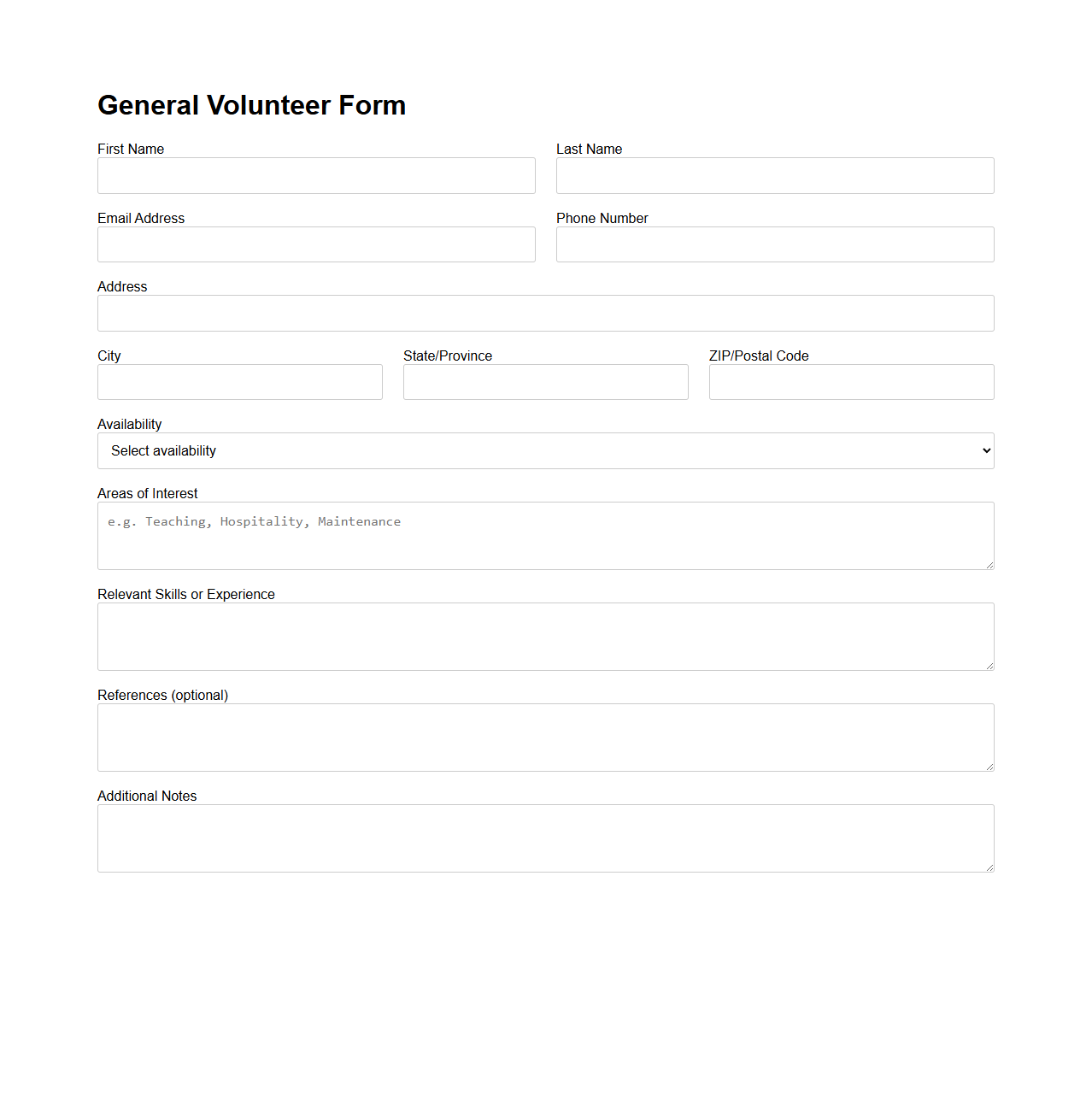 General Volunteer Form for Religious Institutions