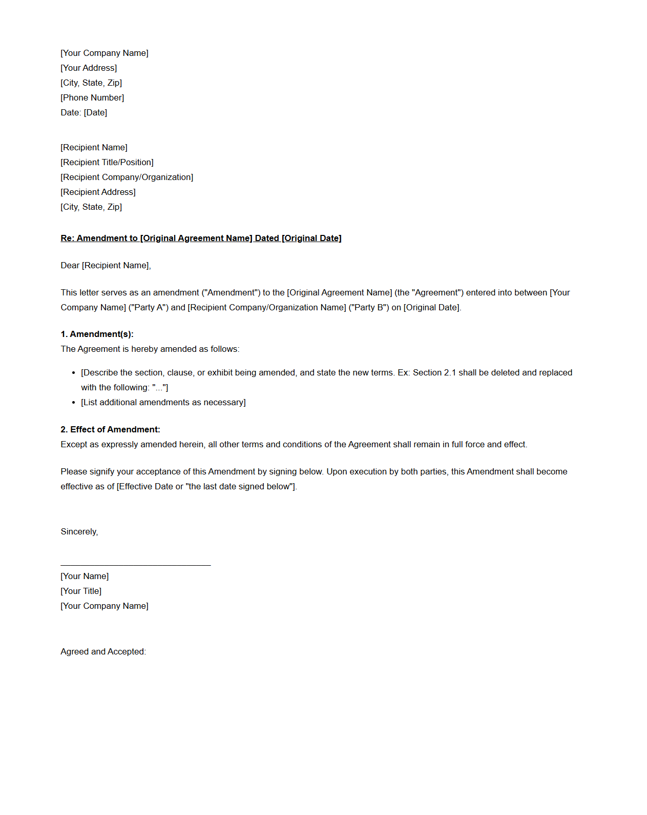 Generic Amendment Letter Sample Template