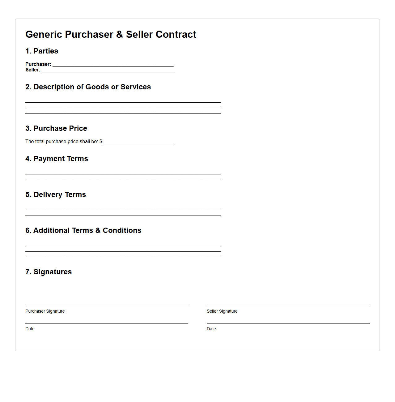 Generic Blank Purchaser and Seller Contract