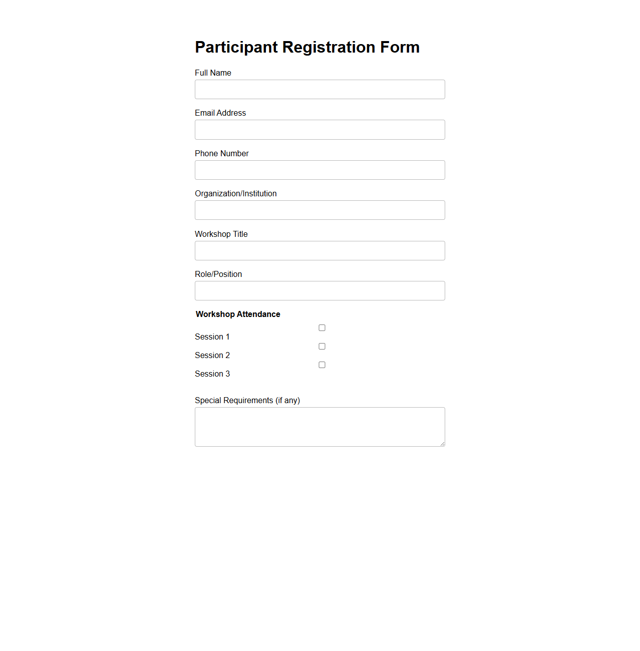 Generic Participant Registration Form for Workshops