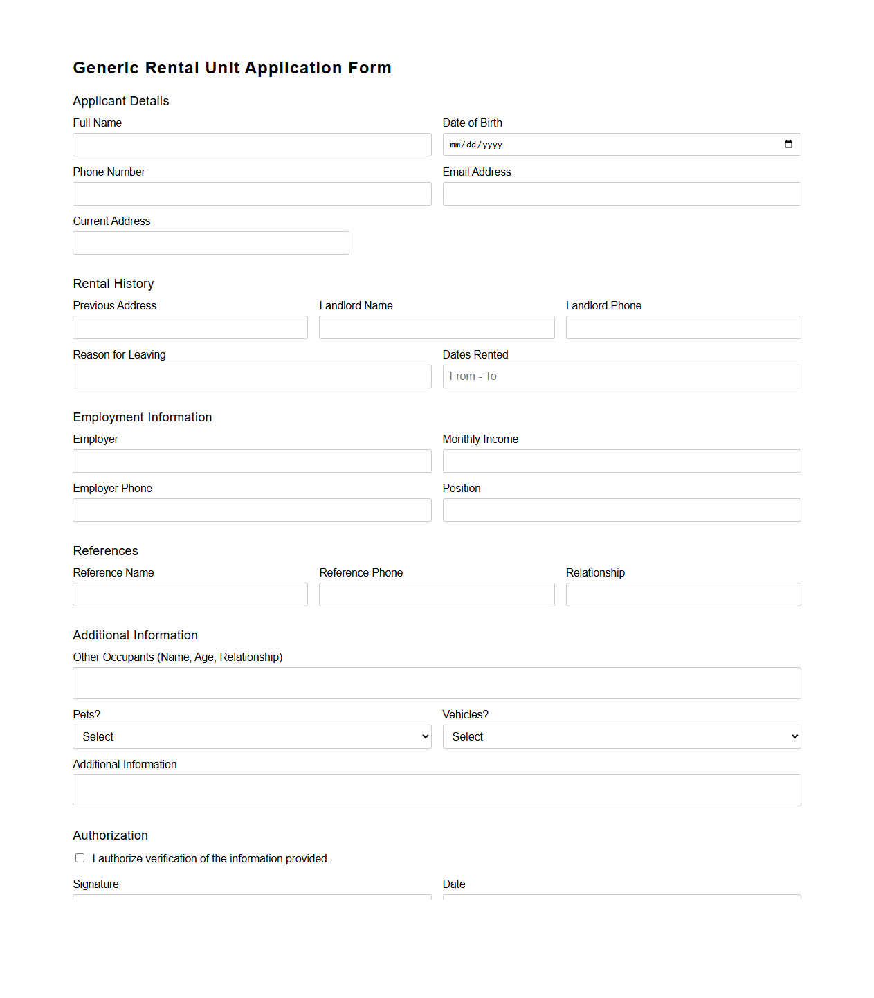 Generic Rental Unit Application Form