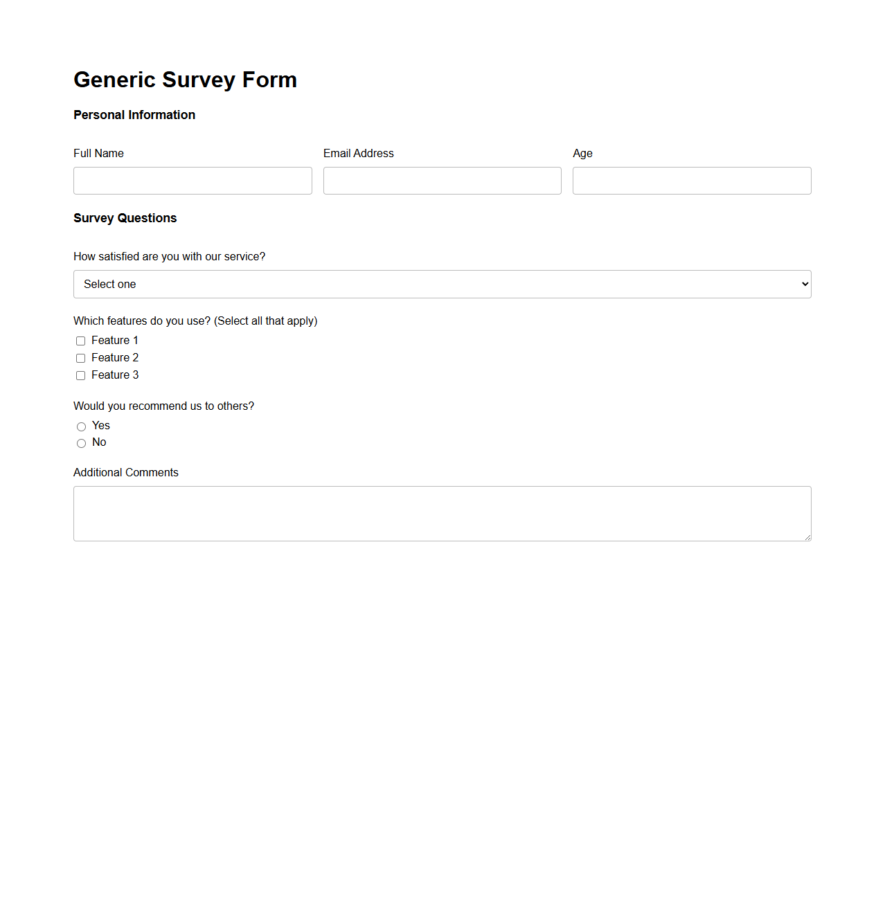 Generic Survey Form Layout for Data Collection