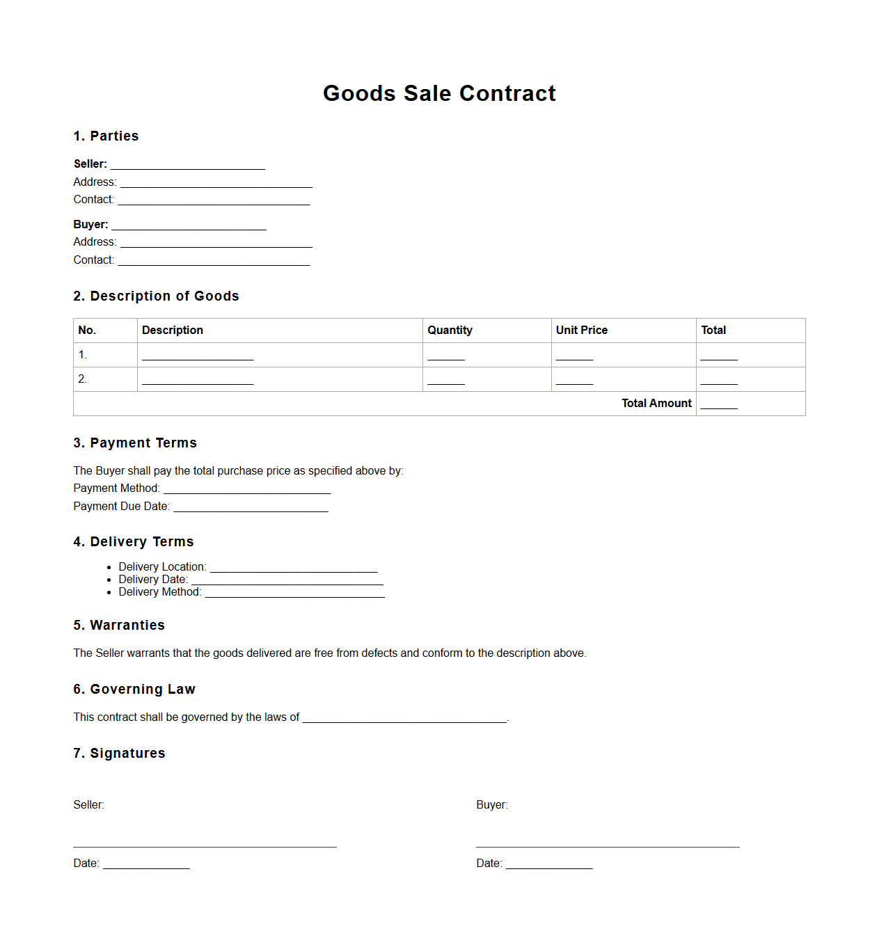 Goods Sale Contract Example Format